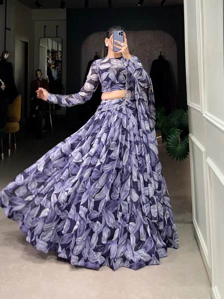 Purple Color Tabby Silk Printed With Hotfix Lehenga With Blouse Dupatta Wholesale online Lnb1027