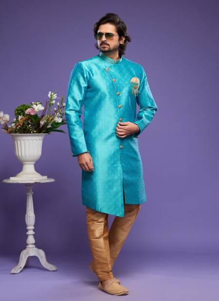 2 Ton Teal Green Blue Colour Partywear Mens Wholsale Indo Western Catalog 2435