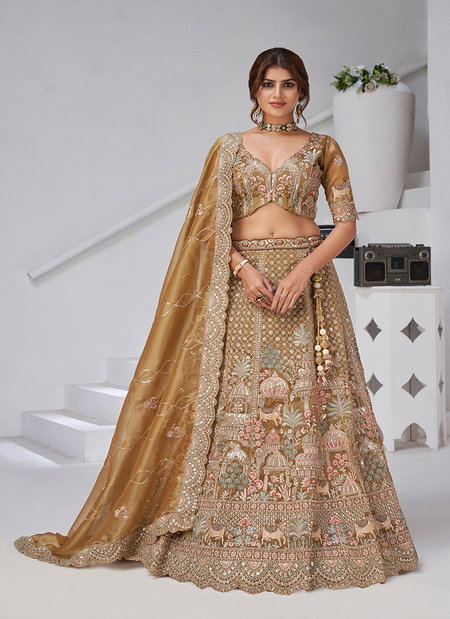 Mehendi Colour Organza Tissue Designer Bridal Lehenga With Blouse And Dupatta Wholesalers In Delhi Kf 2156