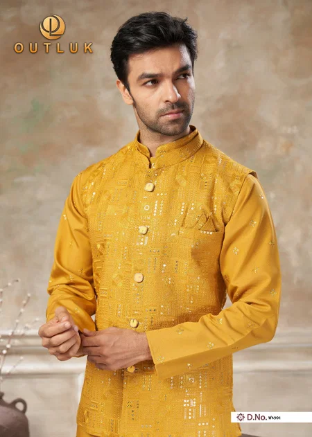 Yellow color Outluk Wedding Vol 49 Pure Viscose Mens Modi Jacket Kurta Pajama 4901 