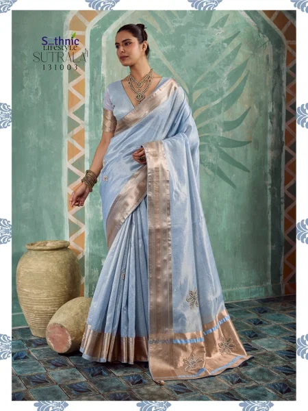 Blue Sutrala Vol 4 By Sethnic Lifestyle Tissue Cotton Handwork Saree 131003