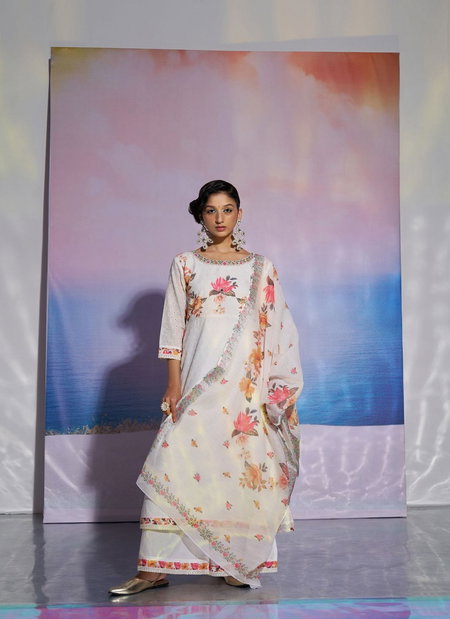 TEW White Colour With Digital Print With Embroidery And Khatli Work Kurti With Bottom Dupatta Wholesale In India