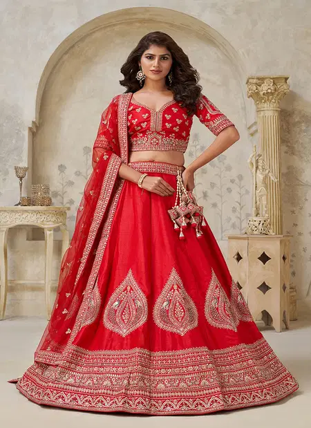 Red Colour Silk With Leaf Embroidery Work Lahenga With Blouse Dupatta Wholesale Market Surat KF 2144