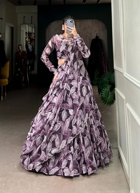 Wine Color Tabby Silk Printed With Hotfix Lehenga With Blouse Dupatta Wholesalers In Delhi Lnb1027