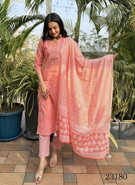 23180 Cambric Cotton Embroidery Kurti With Bottom Dupatta Catalog