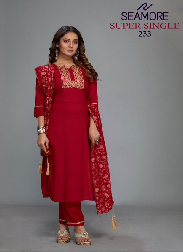 233 Super Single By Seamore Rayon Embroidery Kurti With Bottom Dupatta Orders In India