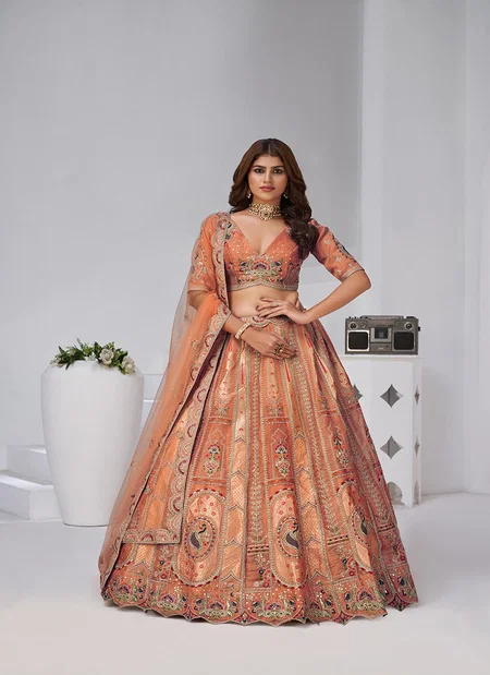 Rust Colour Banarsi Silk Lahenga With Blouse And Dupatta Online Wholesale Kf 2151