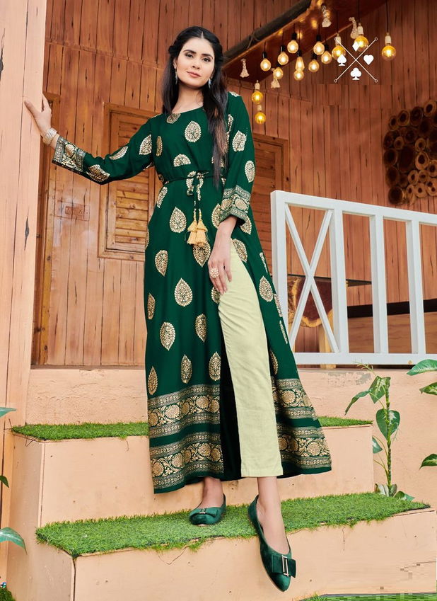 4 Shades Un Dekhi Ethnic Wear Long Rayon Printed Designer Kurtis Collection
