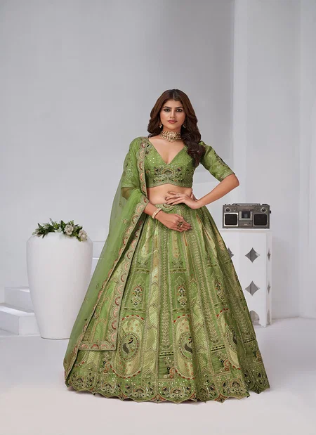 Mehendi Colour Banarsi Silk Lahenga With Blouse And Dupatta Wholesale Suppliers In Mumbai Kf 2151