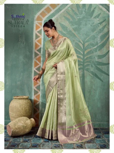 Green Sutrala Vol 4 By Sethnic Lifestyle Tissue Cotton Handwork Saree 131004
