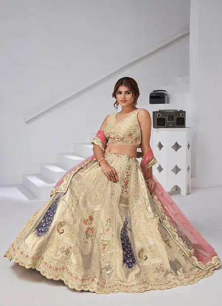 Cream Colour Banarsi Silk Lahenga With Blouse And Dupatta Wholesale Price In Surat Kf 2150
