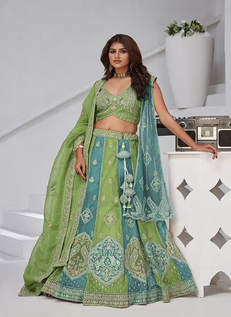 Green Colour Georgette Tissue Zari Work Lehenga With Blouse And Dupatta Wholesale Price In Surat Kf 2170
