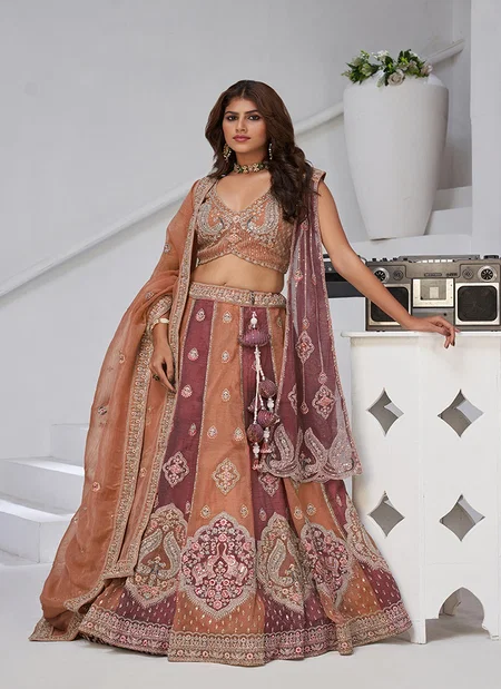 Rust Colour Georgette Tissue Zari Work Lehenga With Blouse And Dupatta Exporters In India Kf 2170