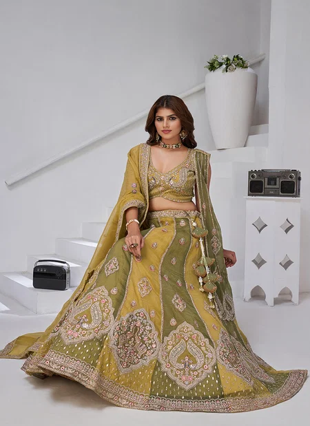 Yellow Colour Georgette Tissue Zari Work Lehenga With Blouse And Dupatta Wholesale In India Kf 2170