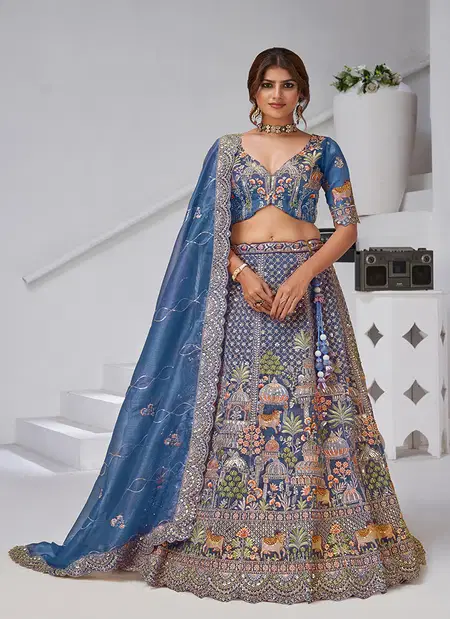 Teal Blue Colour Organza Tissue Designer Bridal Lehenga With Blouse And Dupatta Wholesale In India Kf 2156