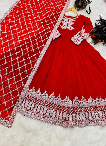 8986 Red Faux Georgette Anarkali Readymade Suits Catalog