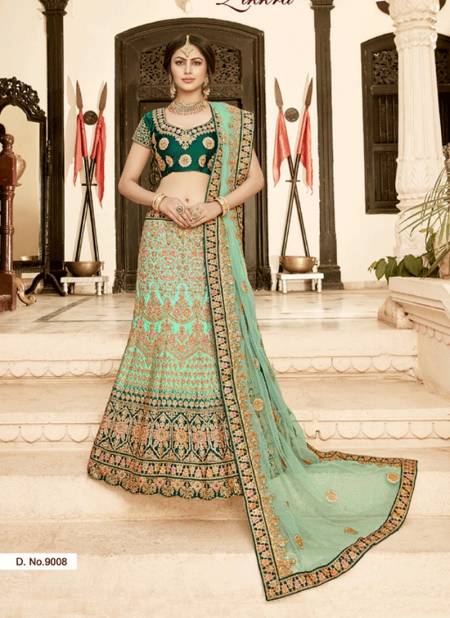 Green Zikkra Embroidery Work Designer Silk Wedding And Bridal Lehenga Choli Collection 9008 Catalog