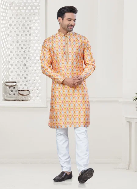 Orange Colour Outluk Wedding Collection Vol 138 Silk Mens Kurta Pajama Wholesale Manufacturers 138008
