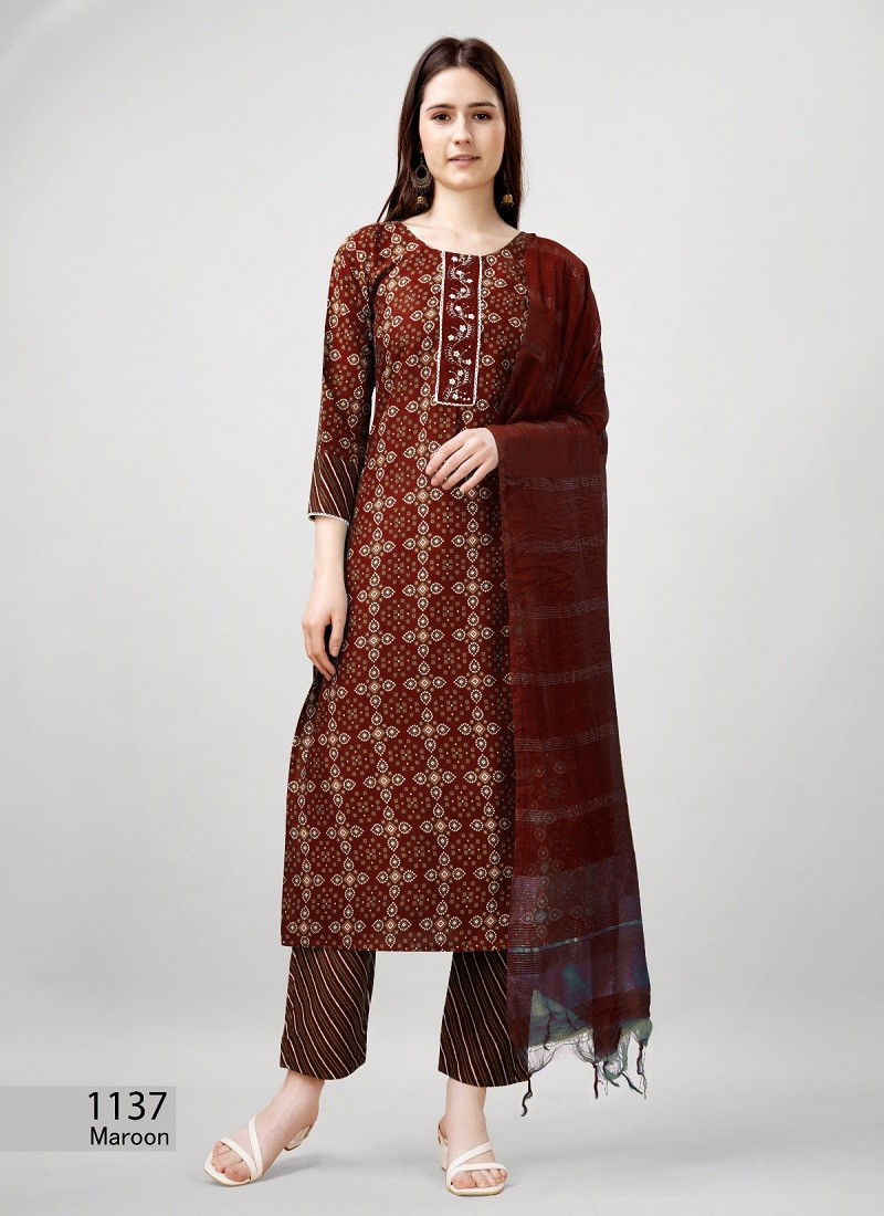 Aaradhna Rayon Printed Embroidery Kurti With Bottom Dupatta Wholesale Online 1137Maroon