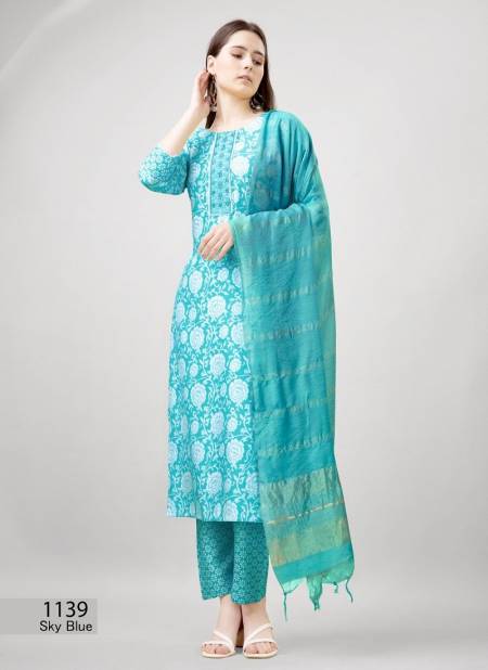 Aaradhna Rayon Printed Embroidery Kurti With Bottom Dupatta Wholesale Online 1139Sky Blue