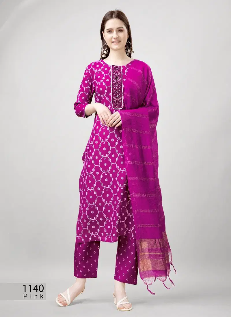 Aaradhna Rayon Printed Embroidery Kurti With Bottom Dupatta Wholesale Online 1140Pink