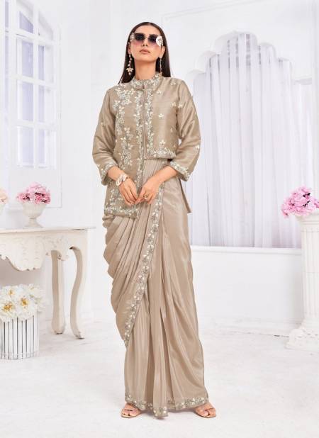 Angel By Jivora Embroidery Party Wear Ladies Readymade Jacket And Saree Wholesale Market In Surat Angel 2907 Beige