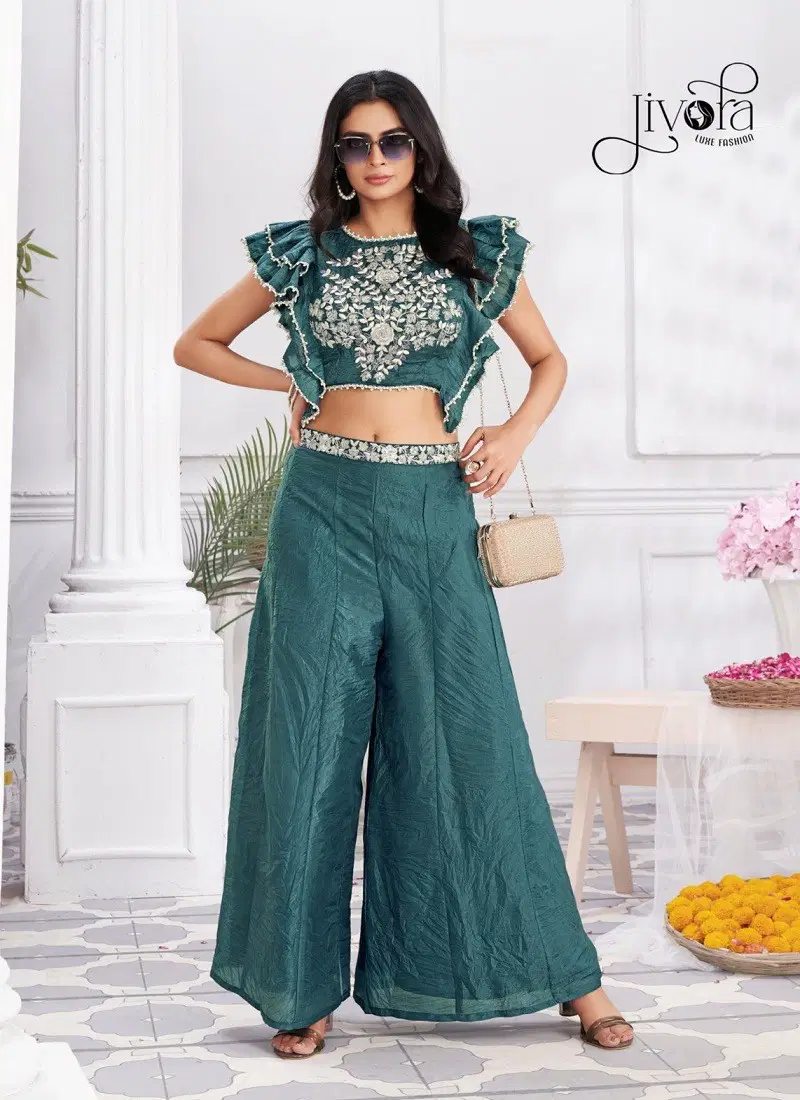 Angel By Jivora Embroidery Party Wear Readymade Crop Top Suit Exporters In India Angel 2905 Blue