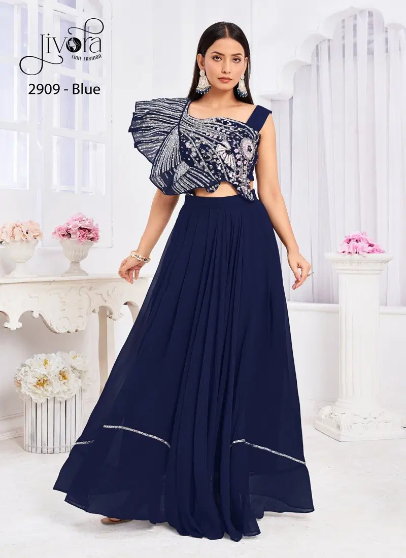 Angel By Jivora Embroidery Party Wear Readymade Crop Top Suit Exporters In India Angel 2909 Blue