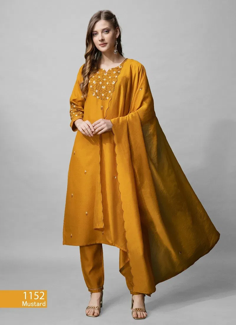 Aradhna 1152 Cotton Blend Embroidery Bulk Kurti With Bottom Dupatta Orders In India 1152 Mustard