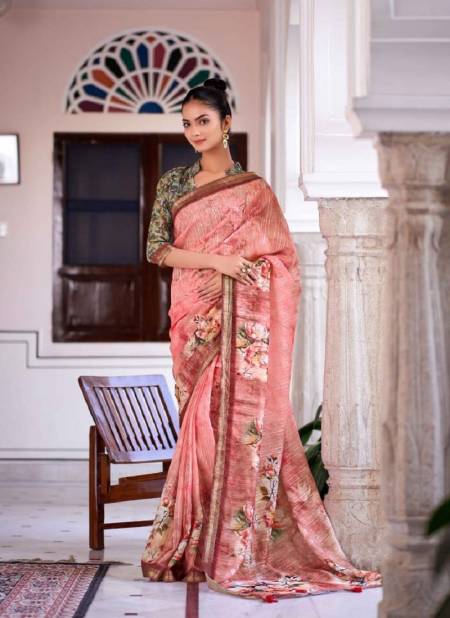 Baby Pink Colour Ruby 1001 To 1012 By Mahamani Creation Digital Printed Linen Saree Surat Wholesale Market 1006