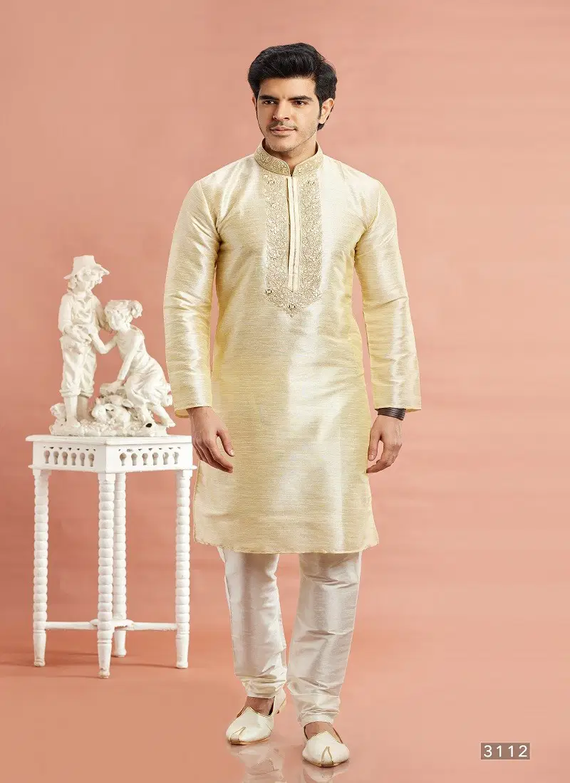 Baige Colour Vol 95 Wedding Wear Banarasi Art Silk Mens Kurta Pajama Surat Wholesale Market 3112