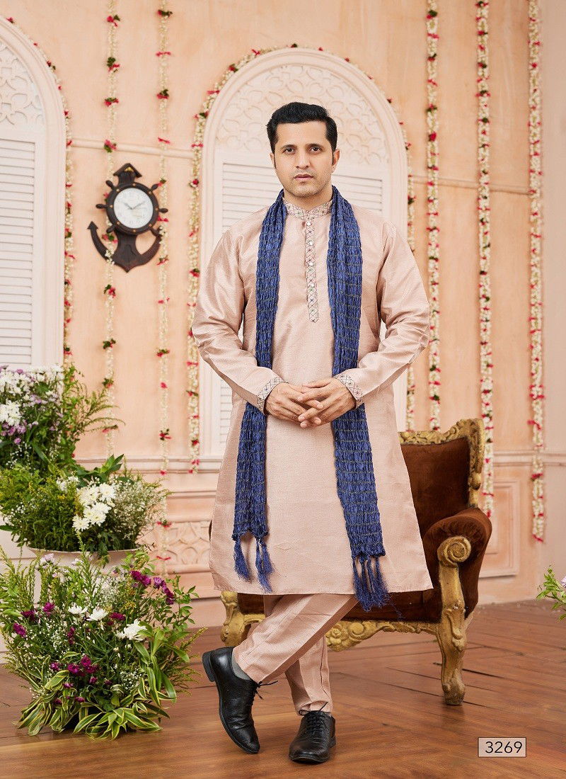 Beige And Blue Colour 1644 Function Wear Art Banarasi Silk Mens Kurta Pajama With Dupatta Orders In India 3269