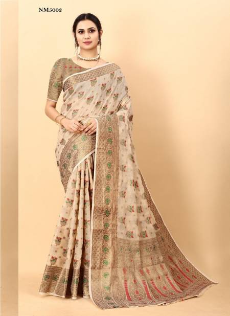Beige And Gold Colour NM5001 To NM5006 Fashion Berry Soft Cotton Silk Printed Saree Wholesalers In Delhi NM5002