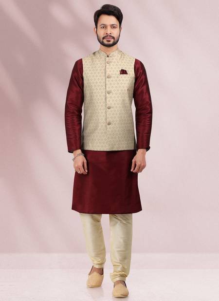 Beige And Maroon Colour Ethnic Wear Wholesale Kurta Pajama With Jacket Catalog 1827