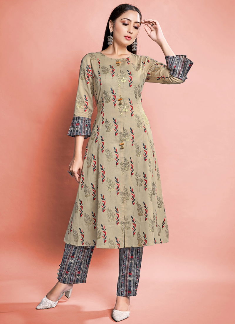 Beige And Navy Blue Colour Sanjana Printed Wholesale Kurti With Bottom 1325