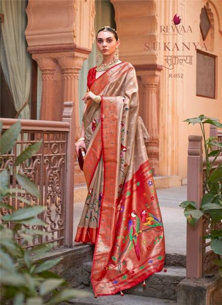 Beige And Red Colour Sukanya By Rewaa Printed Saree Catalog 852