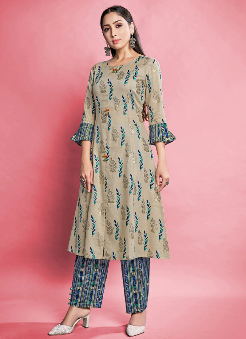 Beige And Teal Sanjana Printed Wholesale Kurti With Bottom 1323