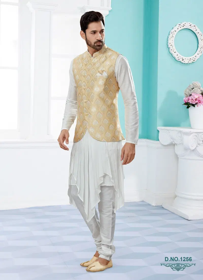 Beige And White Vol 15 Party Wear Mens Modi Jacket Kurta Pajama Online Wholesale 1256