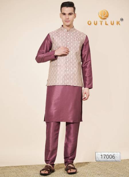 Beige And Wine Colour Outluk Wedding Collection Vol 17 Jaquard Mens Modi Jacket Kurta Pajama Exporters In India 17006