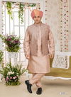 Beige Colour 1645 Wedding Wear Art Silk Mens Modi Jacket Kurta Pajama Exporters In India 3285