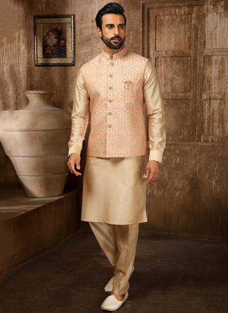 Beige Colour Function Wear Wholesale Kurta Pajama With Jacket Collection 1381