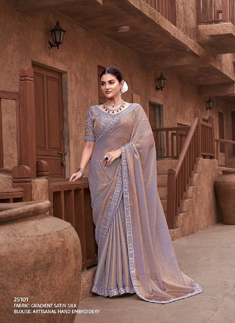 Beige Colour Moh Manthan 25100 Series By Mahotsav Gradient Satin Designer Wear Saree Surat Wholesale Market 25101