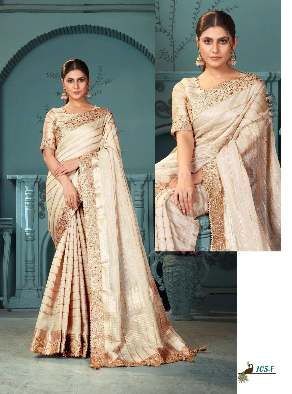 Beige Colour Muskan By Sumitra 105 A To 105 E Cotton Linen Designer sarees Wholesale Shop In Surat 107 F