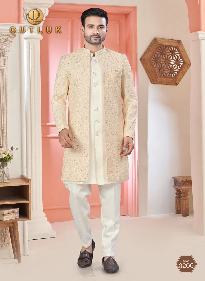 Beige Colour Outluk Wedding Collection Vol 32 Party Wear Mens Indo Western Manufacturers 3206