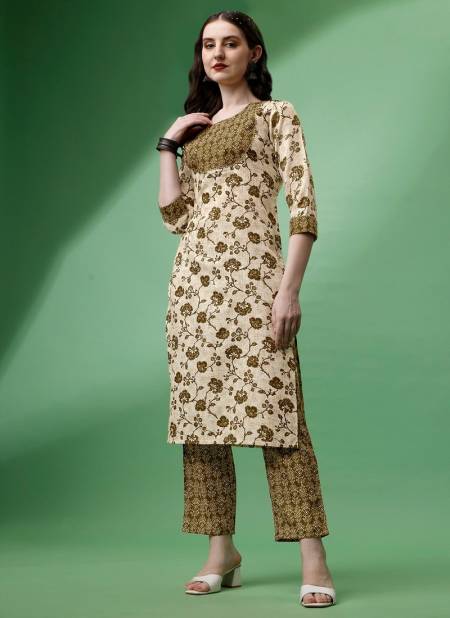 Beige Colour Raisin Magic Rayon Daily Wear Designer Kurti With Bottom Catalog OLSET0001
