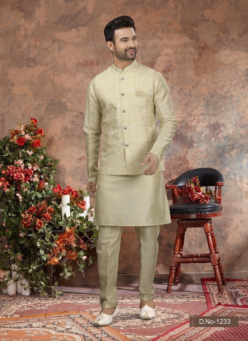 Beige Colour Vol 11 Function Wear Mens Modi Jacket Kurta Pajama Wholesale Online 1233