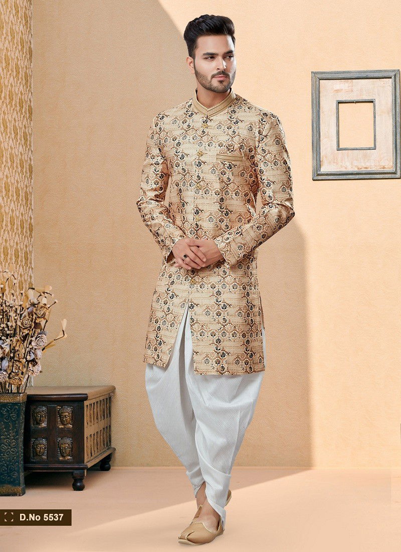 Beige Colour Vol 14 Wedding Wear Mens Dhoti Sherwani Orders In India 5537