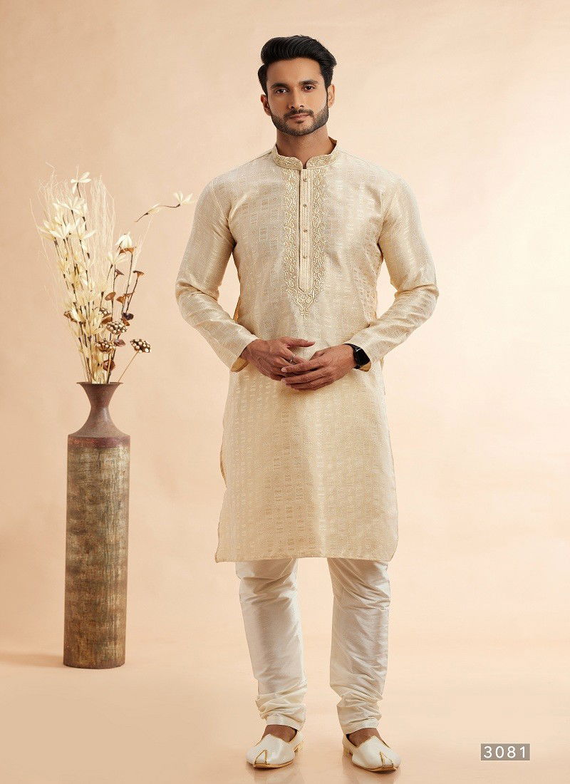 Beige Colour Vol 93 Occasion Wear Jaquard Art Silk Mens Kurta Pajama Wholesale Online 3081