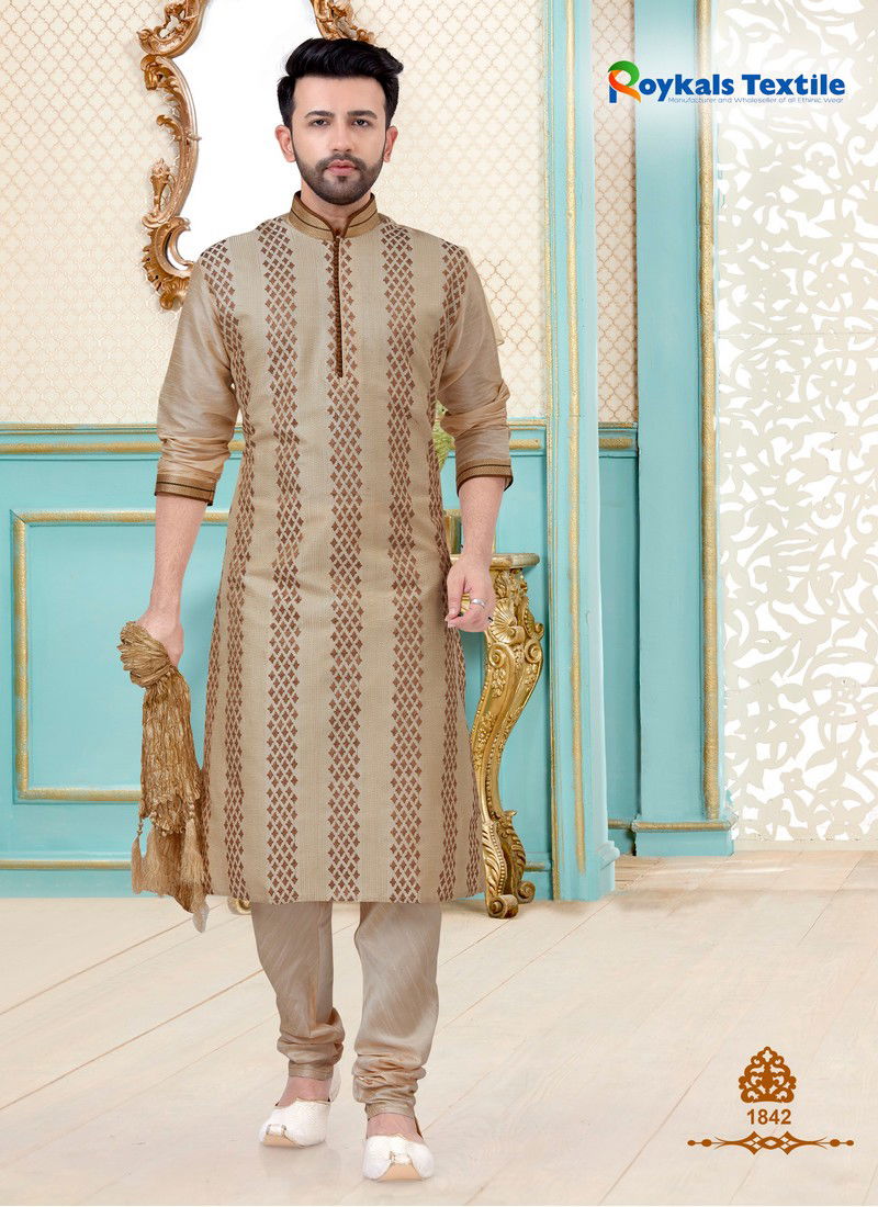 Beige Dupion Silk Readymade Party Wear Mens Kurta Payjama 1842