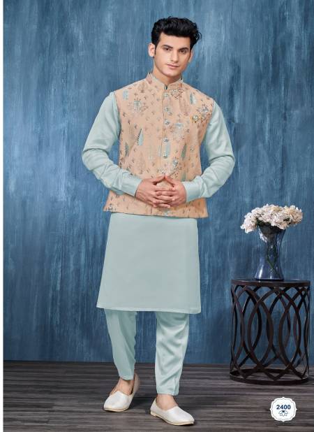 Beige Firozi Colour Wedding Wear Art Embroidered Banarasi Silk Mens Modi Jacket Kurta Pajama Wholesale Manufacturers 2400